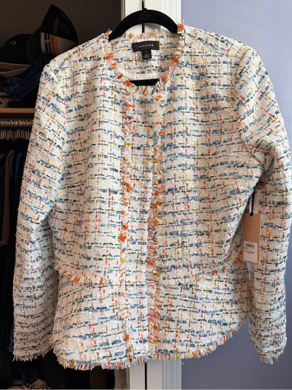 Halogen White Tweed Fringe Collarless Jacket with Multi-color Thread